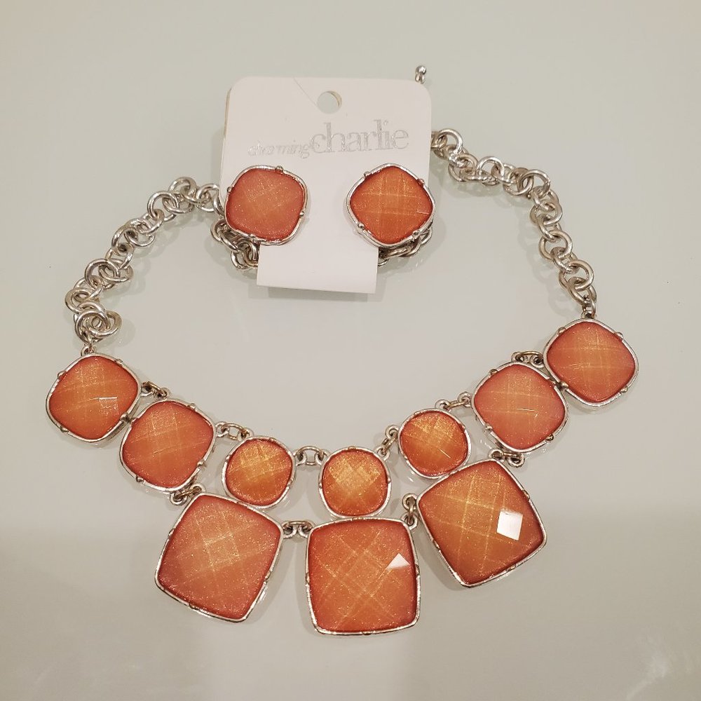 Coral and Silver Necklace and Earring Set